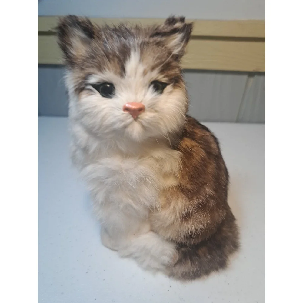 Real Fur Kitty Cat Calico Realistic‎ Vtg Tri-Color Sitting 7.5